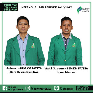 Assalamualaikum,   Selamat datang di Badan Eksekutif Mahasiswa Keluarga Mahasiswa Fakultas Teknologi Pertanian Universitas Andalas (BEM KM FATETA UNAND)  Atas rahmat Allah SWT,  Bem KM FATETA dapat menjadi wadah pergerakan mahasiswa Fakultas Teknologi Pertanian Universitas Andalas. Bem sebagai wadah pergerakan siap menampung aspirasi-aspirasi dari seluruh civitas akademika Fateta.  Dalam pergerakan yang diusung,  BEM KM FATETA mengharapkan dukungan dan doa untuk membuat organisasi ini dapat mengayomi seluruh masyarakat Fakultas Teknologi Pertanian untuk Unand dan Indonesia.